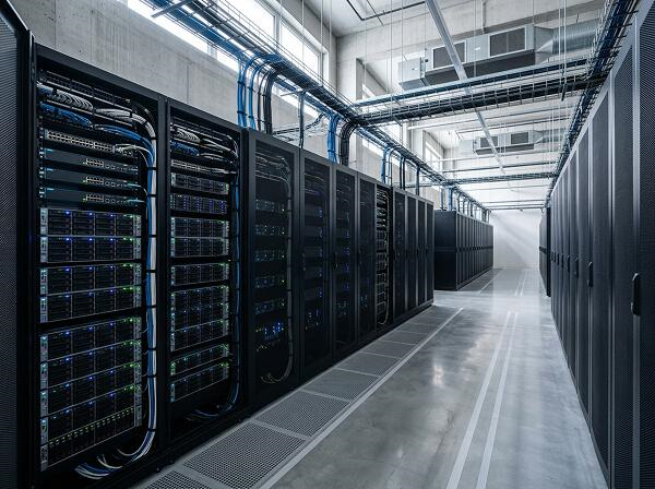Cloud data centre with rows of server cabinets
