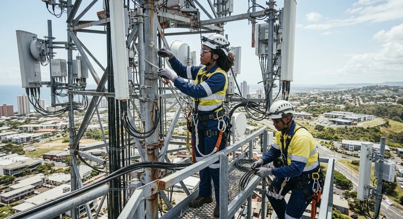 Unicomms Networks engineers working on a telecommunications project